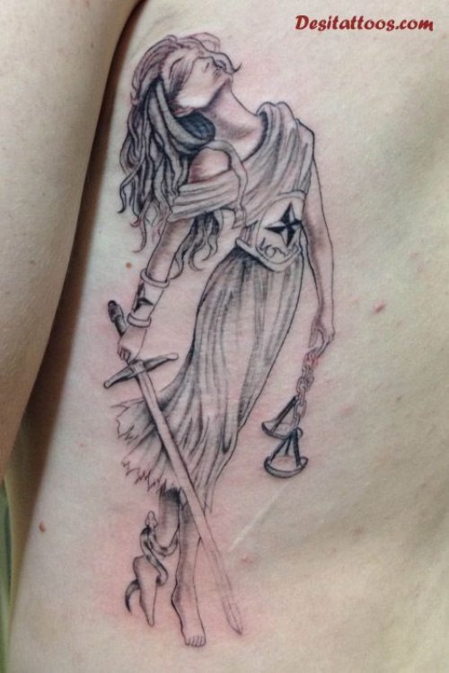 Amazing Grey Ink Justice Tattoo On Side Rib