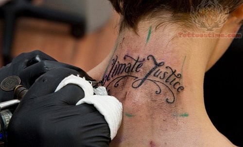 Justice Tattoo On Back Neck