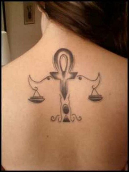 Grey Ink Libra Justice Tattoo On Girl Upperback