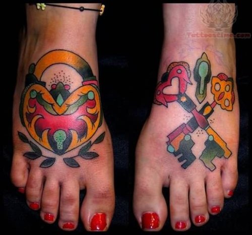 Colorful Key Tattoos On Feet