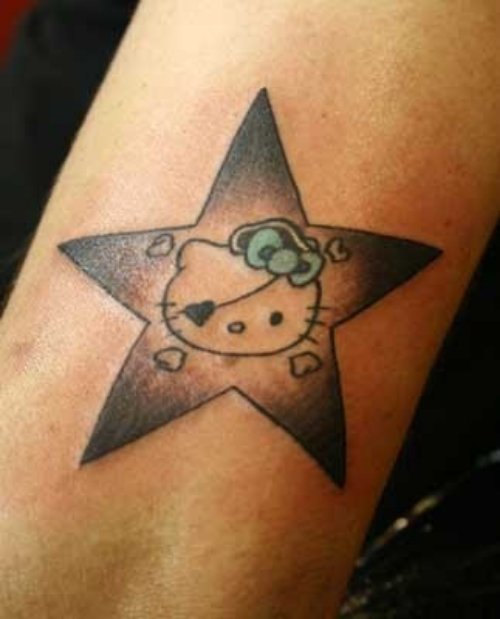 Kitty Head With Grey Star Tattoo On Forearm
