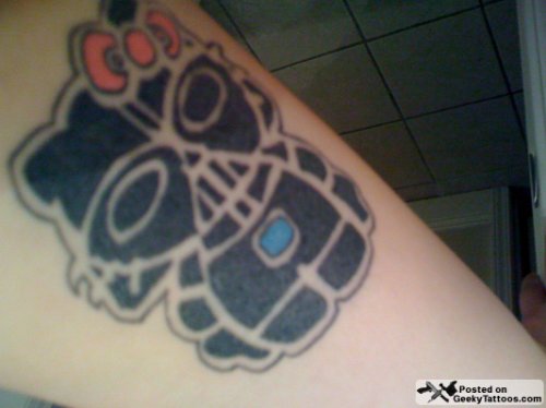 Blue Ink Kitty Tattoo On Sleeve