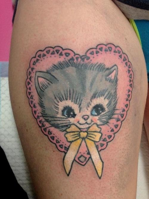 Color Ink Heart And Kitty Head Tattoo On Leg