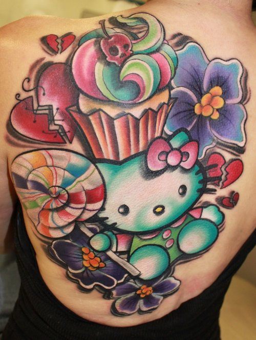 Color Ink Cup Cake Tattoo Kitty Tattoo On Back
