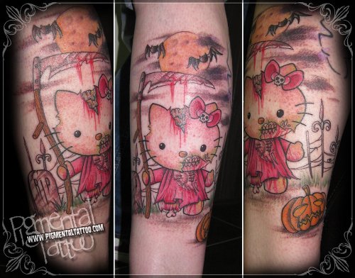 Colored Zombie Kitty Tattoo On Sleeve