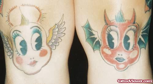 Angel And Devil Tattoo On Knee