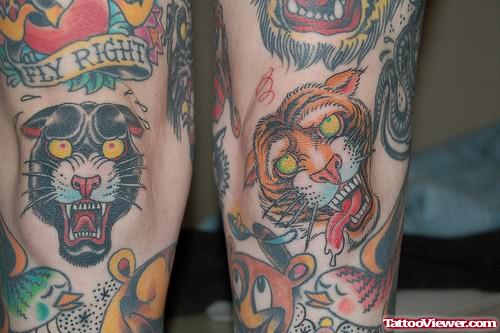 Leopard And Tiger Tattoo On Knee