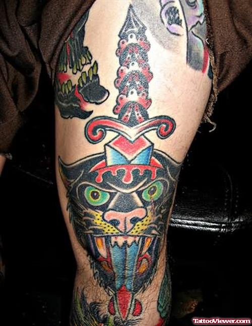 Tiger And Sword Tattoo On Knee