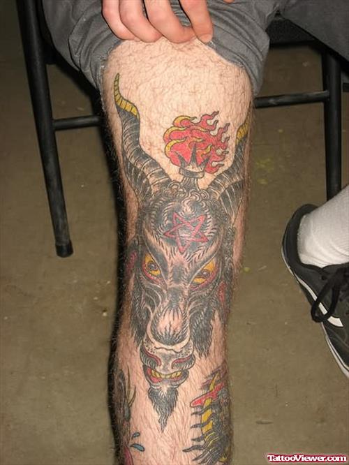 Goat head Tattoo On Knee