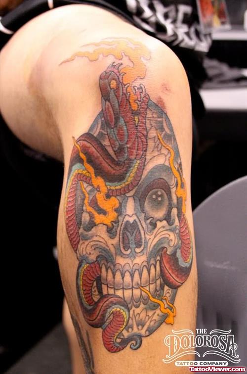 Skull And Snake Tattoo On Knee
