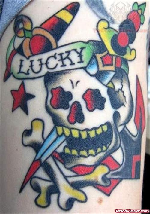 Colorful Skull And Dagger Tattoo