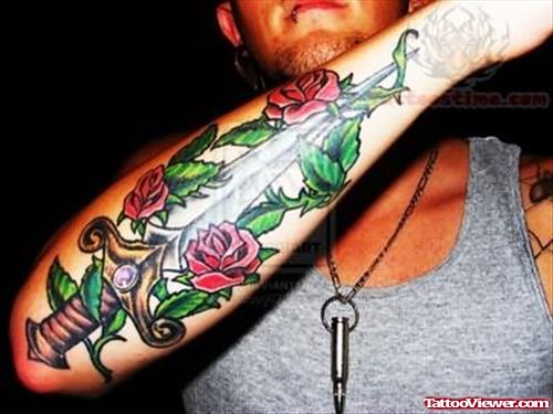 Dagger And Rose Tattoo On Arm