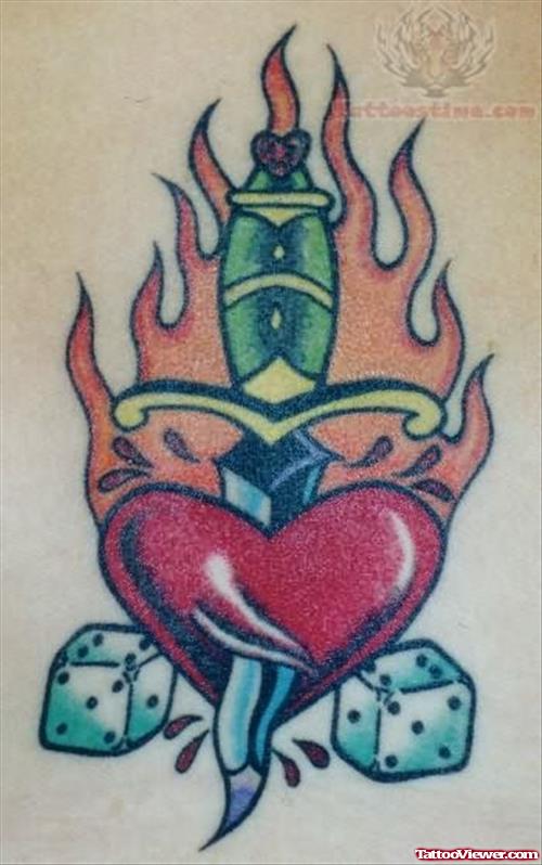 Flaming Heart And Knife Tattoo