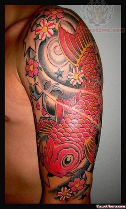 Red Koi Fish Tattoo On Upper Shoulder