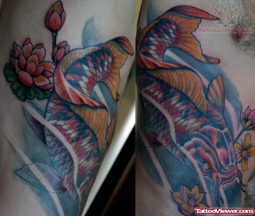 Red Koi Fish Tattoo On Ribs