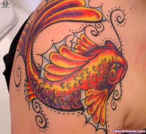Koi Fish Tattoo On Upper Shoulder