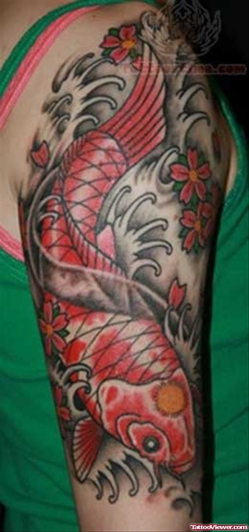 Red Koi Fish Tattoo On Bicep