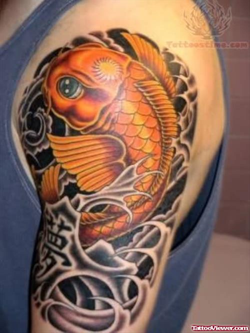 Orange Koi Fish Tattoo On Shoulder