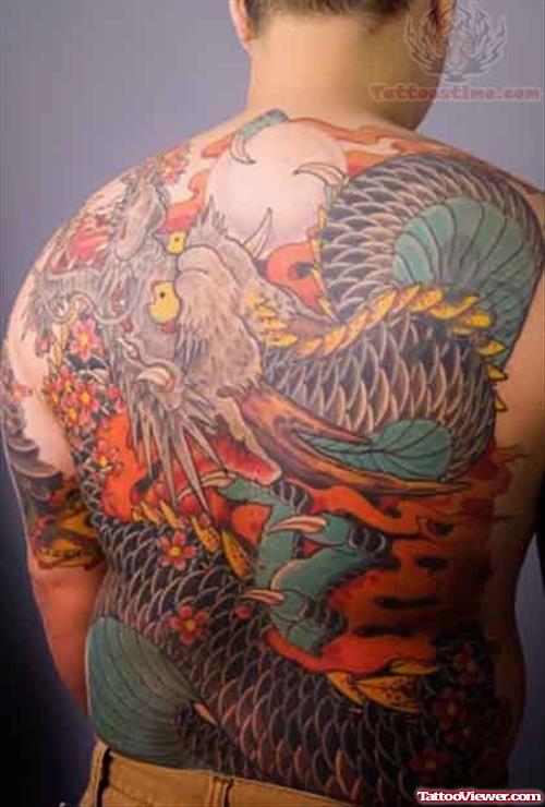 Colourful Koi Tattoo On Back