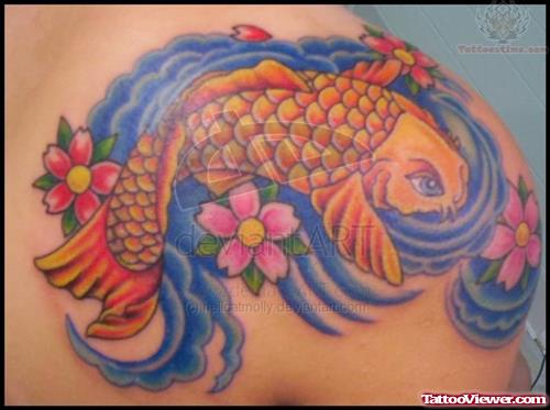 Color ink koi Tattoo on Shoulder