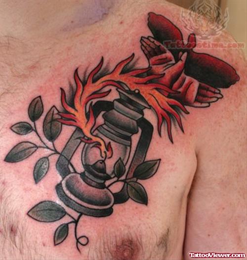 Oil Lamp Tattoo On Chest