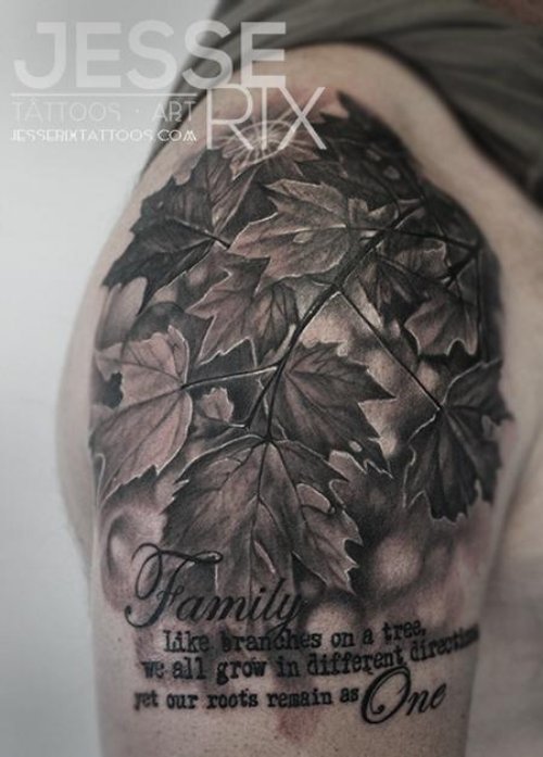 Grey Ink Maple Leaf Tattoos On Shoulder