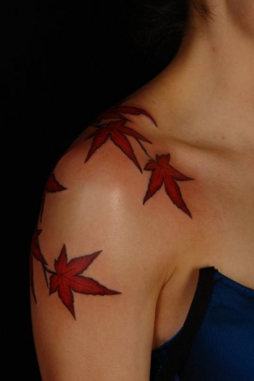 Attractive Leaf Tattoo On Girl Right Shoulder