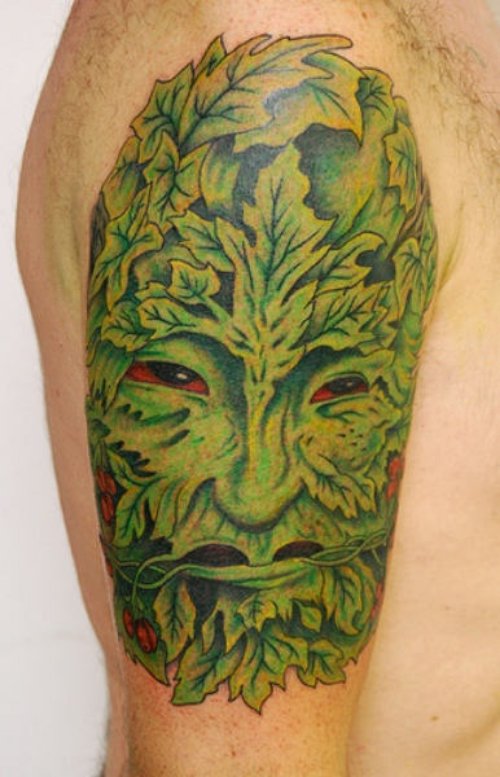 Green Leaf Tattoo On Right Half Sleeve