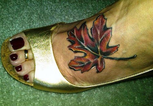 Girl Left Leg Maple Leaf Tattoo