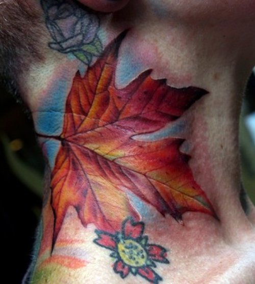 Colored Maple Leaf Tattoos on Side Neck