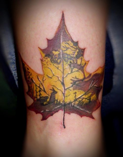 Color Maple Leaf Tattoo On Bicep