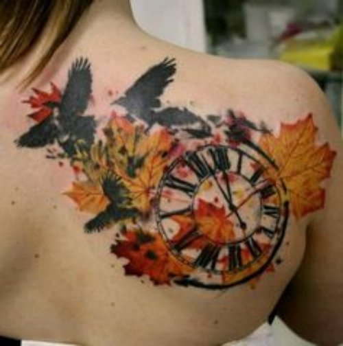 Flying Birds And Leaf Tattoo On Girl Right Back Shoulder