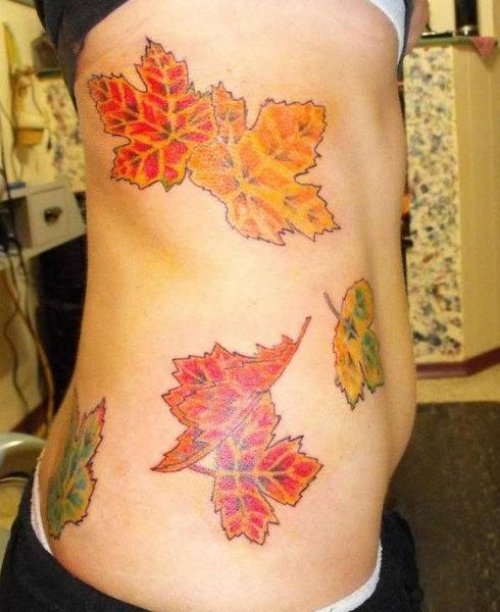 Color Leaf Tattoos On Side Rib