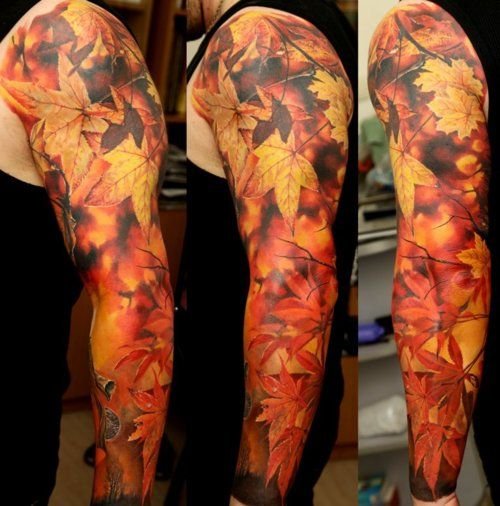 Colored Maple Leaf Tattoos On Left Sleeve