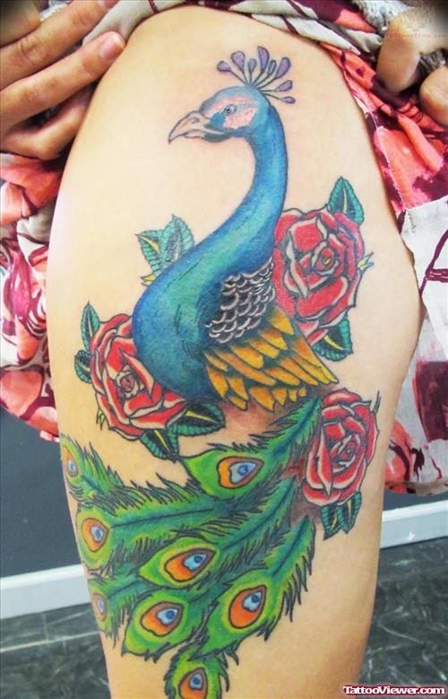 Red Roses And Peacock Leg Tattoo