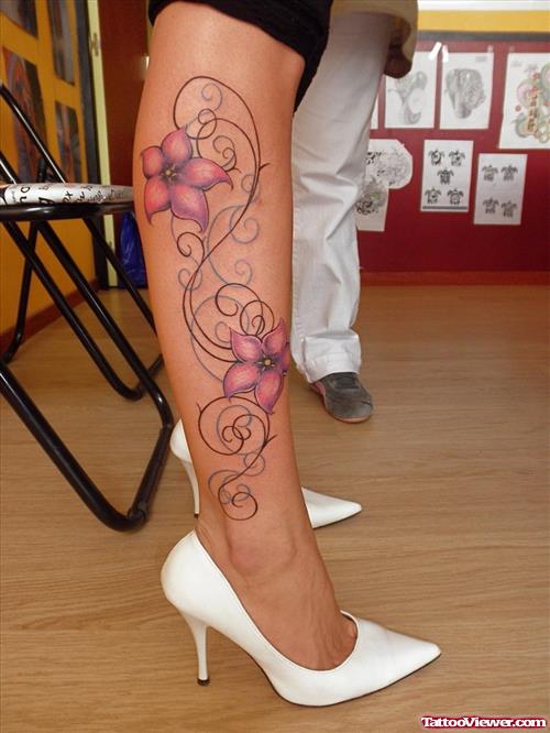 Pink Flowers Right Leg Tattoo