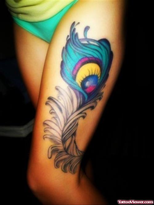 Colored Peacock Feather Leg Tattoo For Girls