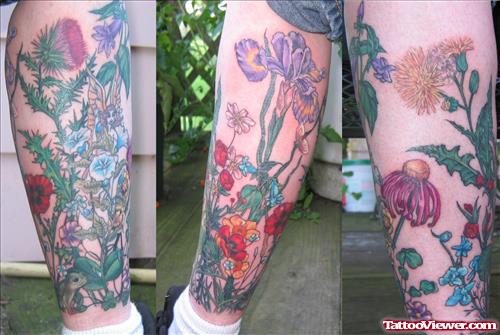 Awesome Colored Flowers Leg Tattoo