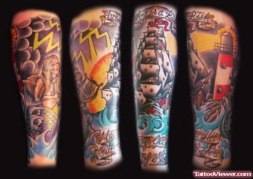 Ship And Lighthouse Leg Tattoo