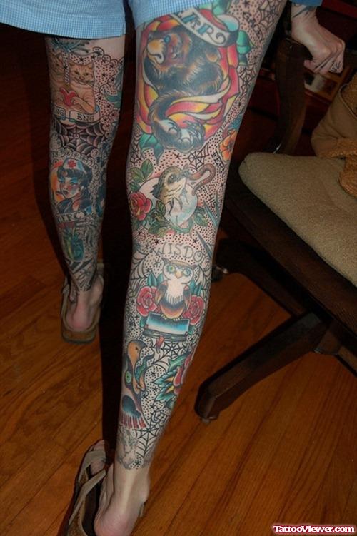 Rose Flowers and Owl Back Leg Tattoos