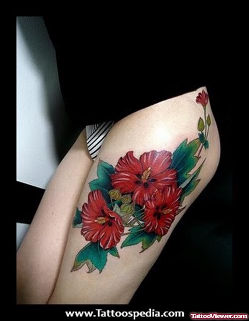 Red Flowers Side Leg Tattoo