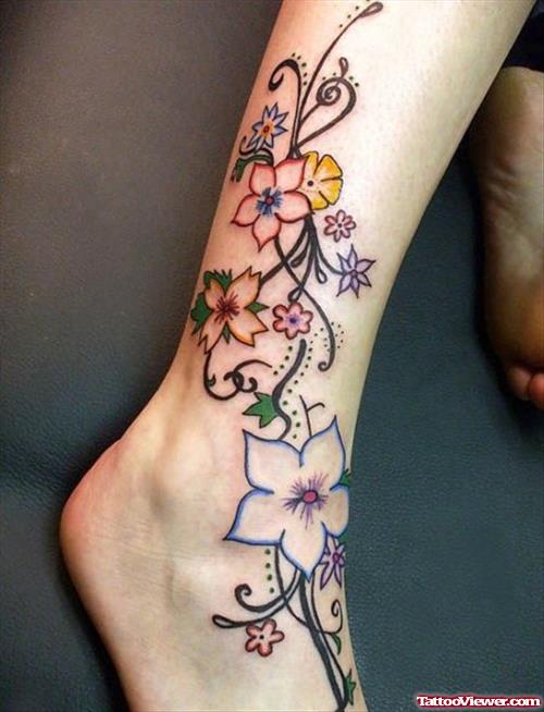 Colored Flowers Right Leg Tattoo