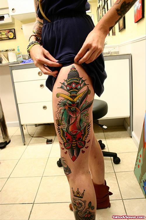 Colored Butterfly And Deer Head Left Leg Tattoo