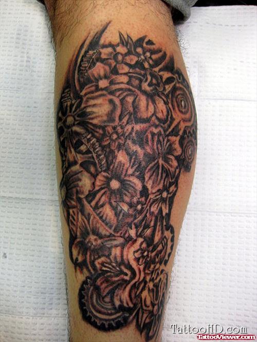 Best Grey Ink Flowers Leg Tattoo