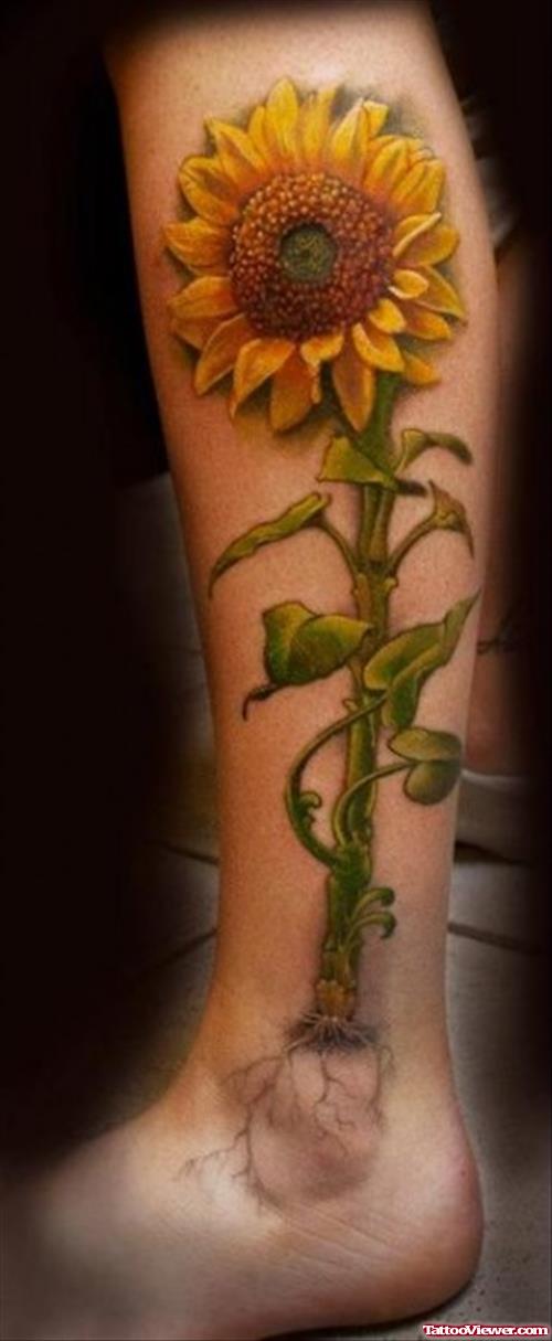 Realistic Sun Flower Leg Tattoo