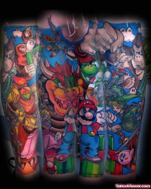 Mario And Geek Carttoons Leg Tattoo