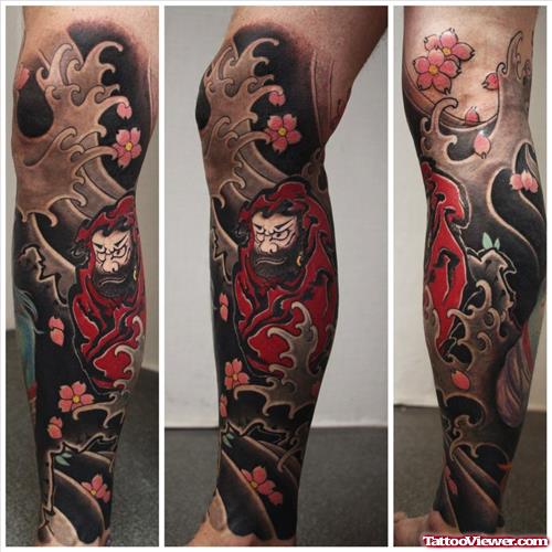 Japanese Flowers And Yakuja Leg Tattoo