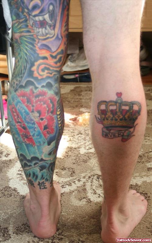 Japanese Flowers And Crown Back Leg Tattoos