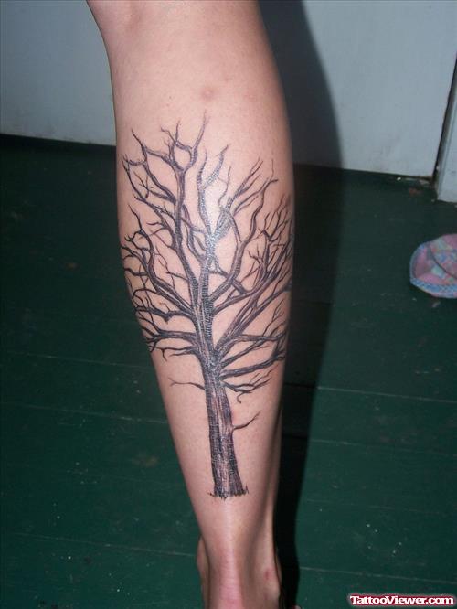 Grey Ink Tree Back Leg Tattoo