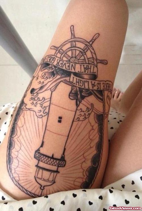 Grey Ink Sailor Ship Sterring And Light House Leg Tattoo
